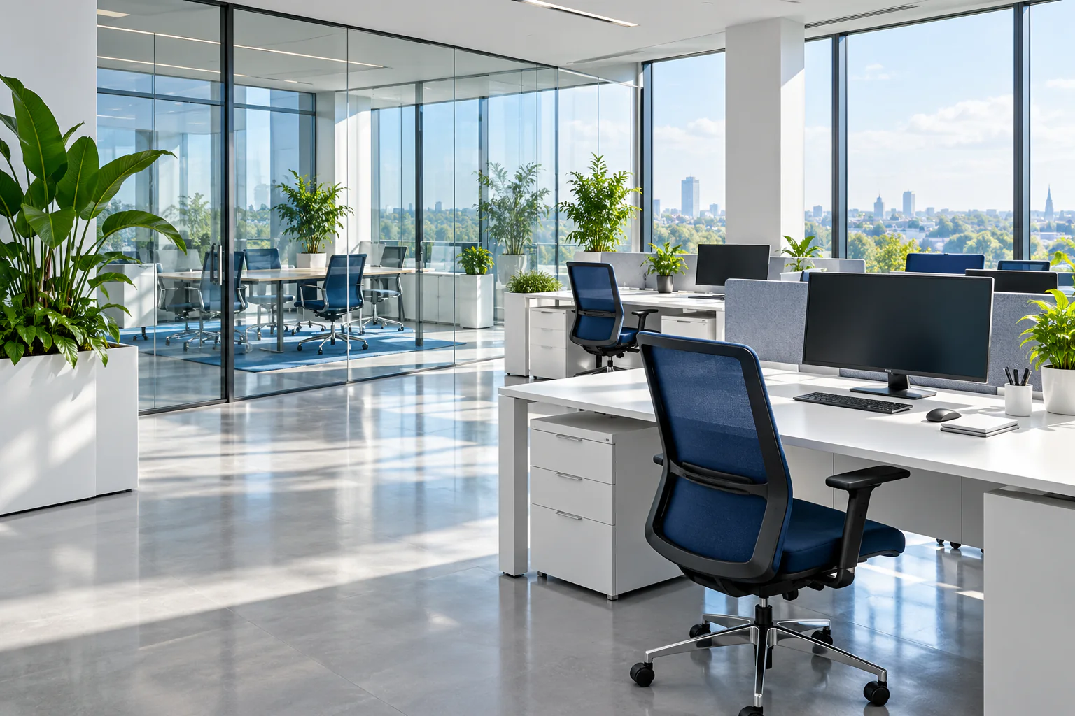 Lichtdurchflutetes, makellos sauberes Büro mit Glaswänden und Grünpflanzen