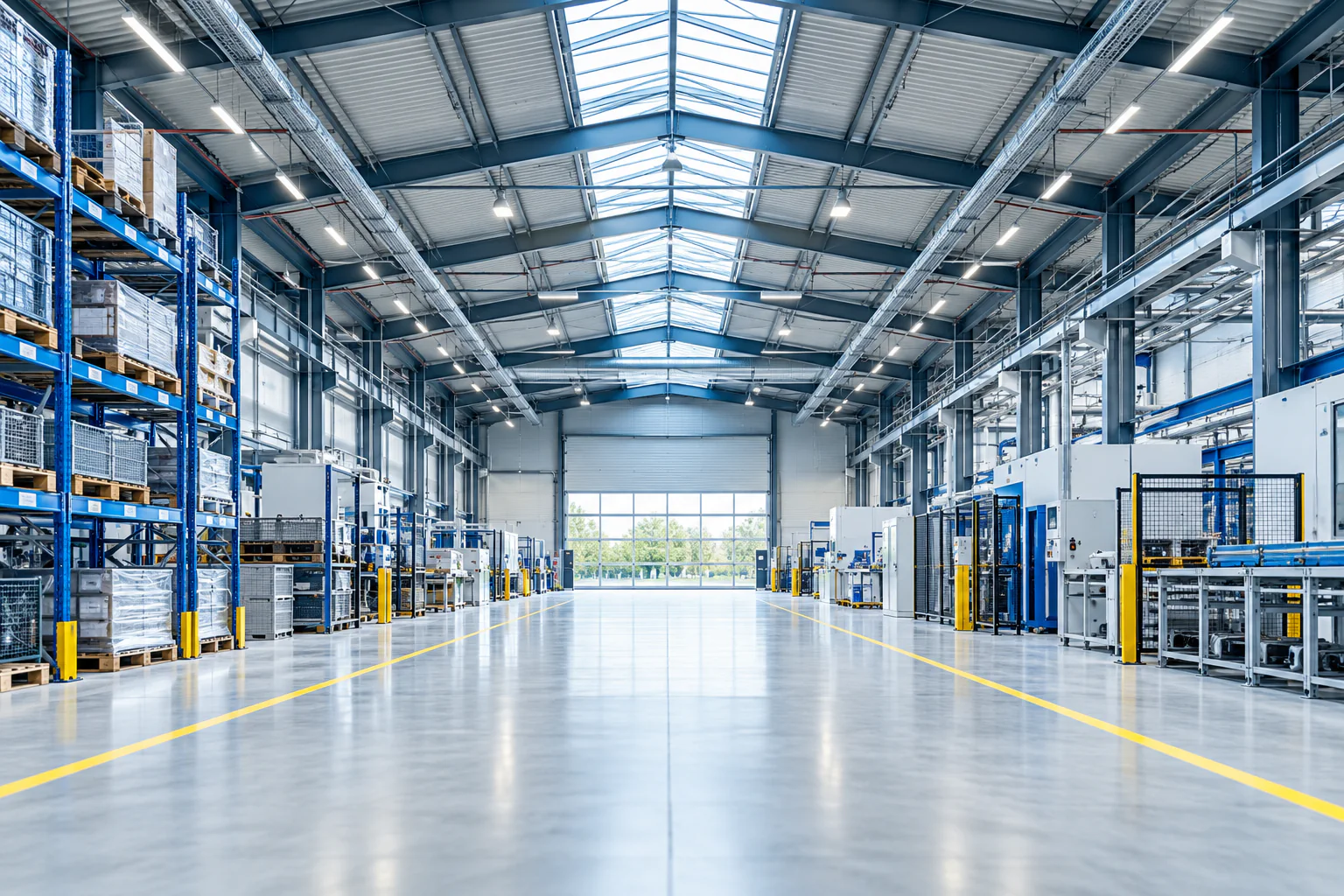 Weite, saubere Industriehalle mit Oberlichtern und markierten Verkehrswegen